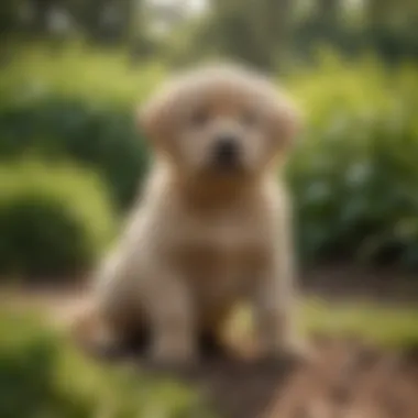 Chow Lab puppy sitting playfully in a green garden