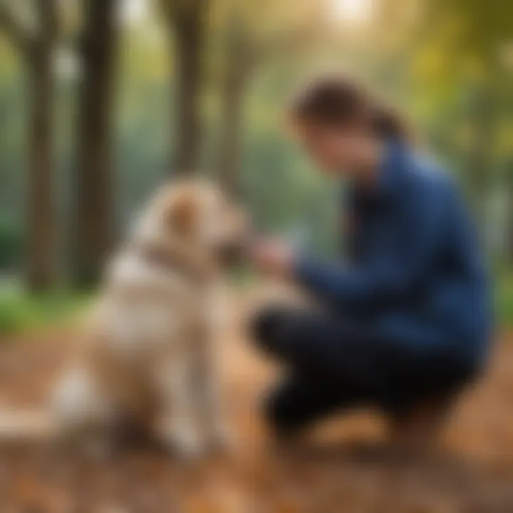 A Chow Lab puppy receiving training with a trainer in a park