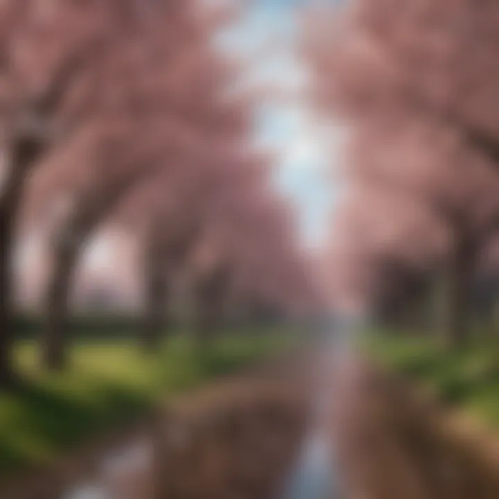 A serene landscape featuring a park filled with cherry blossom trees