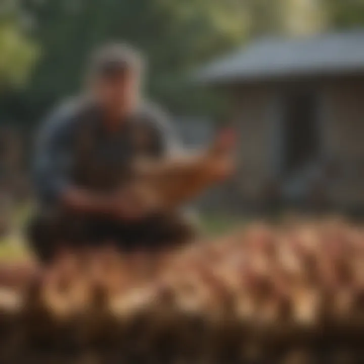 A farmer tending to chickens, demonstrating care and attention needed for their well-being.