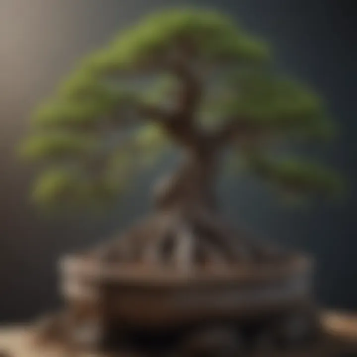 An ancient bonsai tree demonstrating intricate root systems and aged bark.