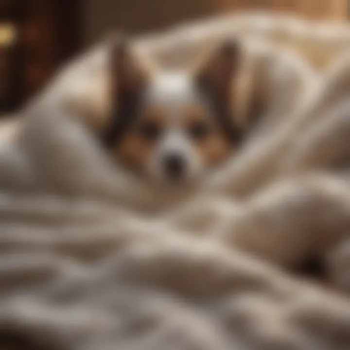 A pet enjoying the soft texture of a fluffy blanket