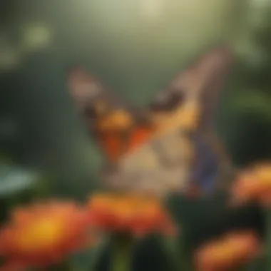 Butterfly and Flower Interaction A close-up of a butterfly perched on a flower, illustrating its role in pollination and the intricate relationship between species.