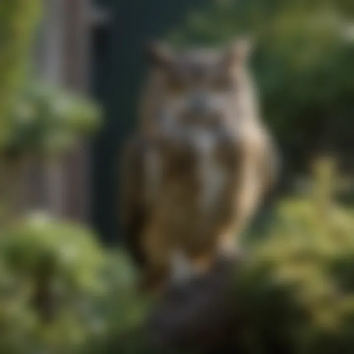 Installation of an owl decoy in a garden to deter pests