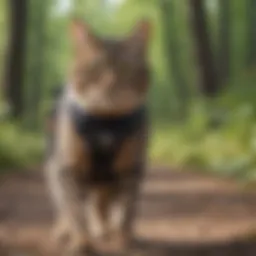 A cat comfortably wearing a harness while exploring a forest trail