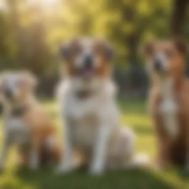 Various breeds of hypoallergenic dogs sitting together in a sunny park