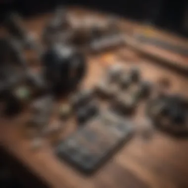 A close-up of various fishing gear and tackle laid out on a wooden table.