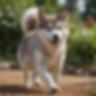 Mini Siberian Husky playing energetically in a garden