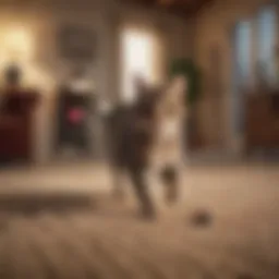 A playful cat chasing a laser pointer in a living room setting.