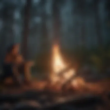 A campfire crackling under a starlit sky in a remote forest