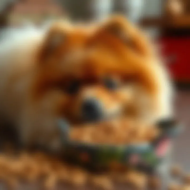 A Pomeranian enjoying a bowl of dry dog food