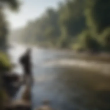 Casting a line in a flowing river Angler casting a line into the river