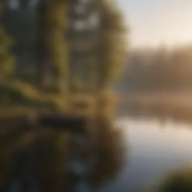 A peaceful lake setting ideal for anglers Serene lake at dawn, perfect for fishing