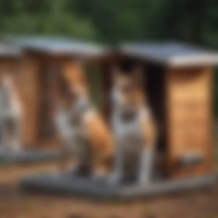 Different models of solar powered dog heaters displayed