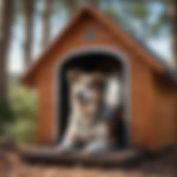 A happy dog enjoying warmth from a solar heater inside a dog house