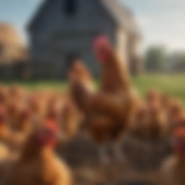 A vibrant farm scene featuring the tallest chicken breed among other breeds