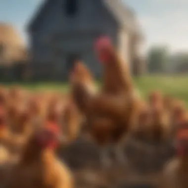 Diverse Farm Scene with Tall Chicken Breed A vibrant farm scene featuring the tallest chicken breed among other breeds