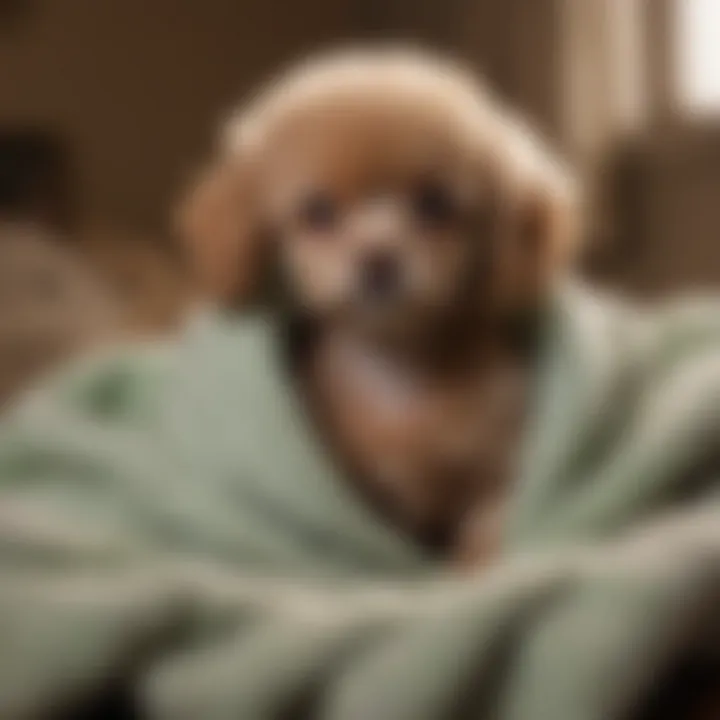 A serene scene of a teacup poodle nestled in a cozy blanket, depicting tranquility and comfort.