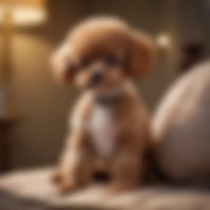 An elegant teacup poodle posing on a plush cushion, embodying sophistication and grace.