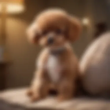 Sophisticated Teacup Poodle Pose An elegant teacup poodle posing on a plush cushion, embodying sophistication and grace.