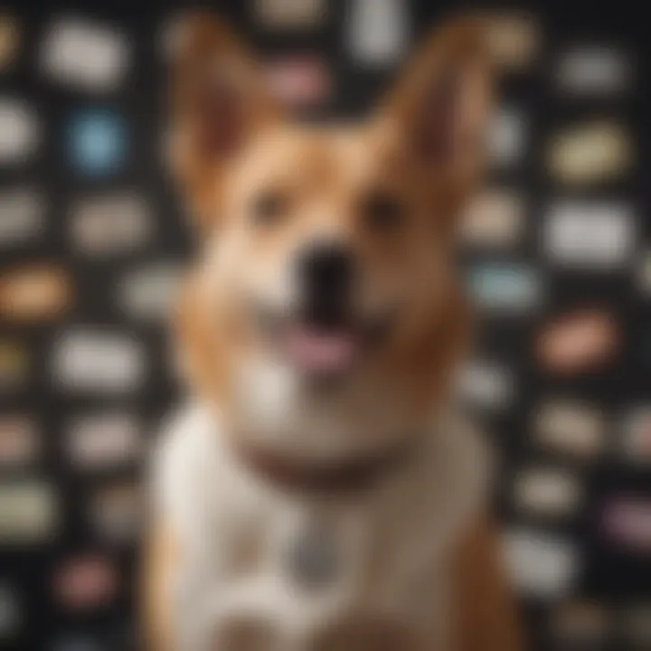 A happy dog surrounded by a variety of unique name tags