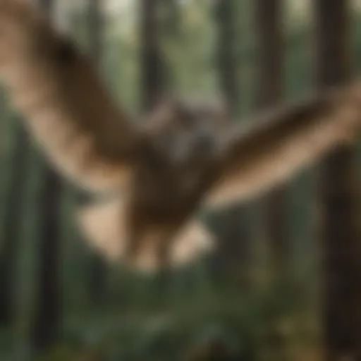 Detailed view of a flying owl decoy in a natural setting