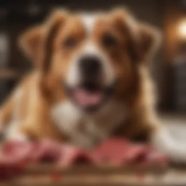 A healthy dog enjoying a raw meat meal