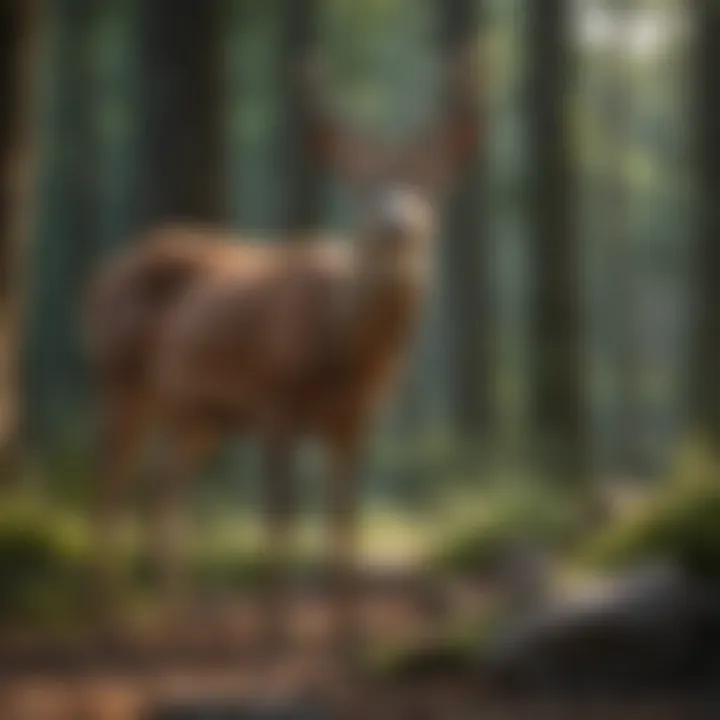 A close-up view of a deer in natural habitat near a campsite