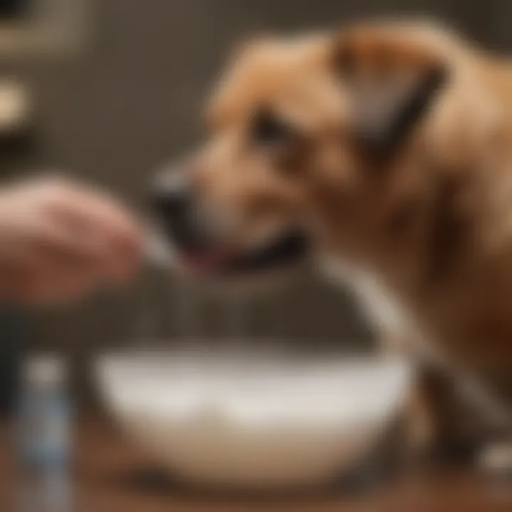 A dog owner pouring dental water additive into a bowl