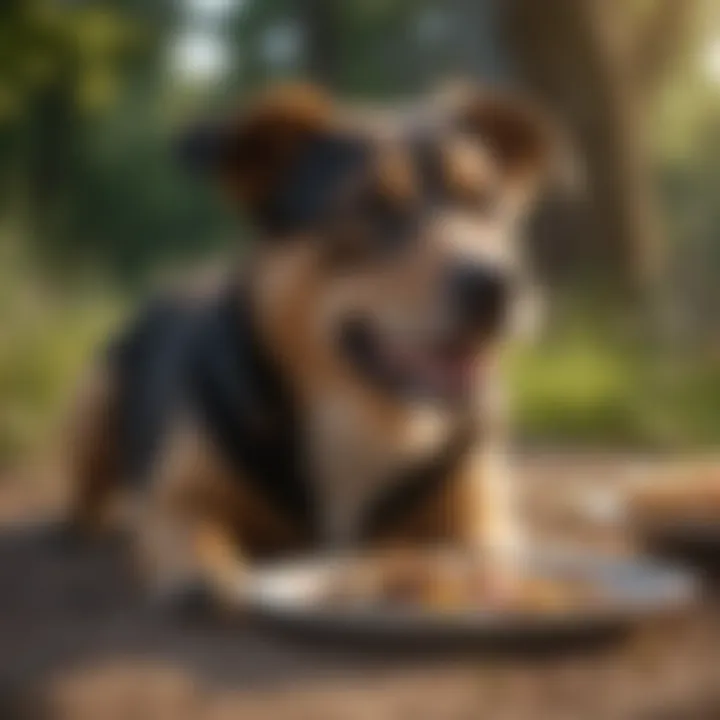 A joyful dog enjoying a meal outdoors