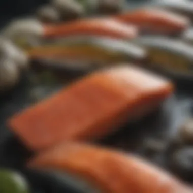 A vibrant display of various salmon species showcasing their unique colors and textures.