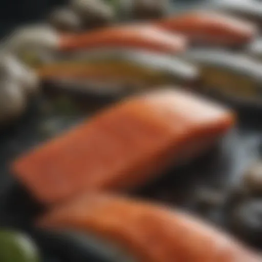 A vibrant display of various salmon species showcasing their unique colors and textures.