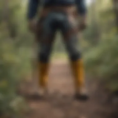A rugged outdoor scene with snake chaps worn during a hike in snake-prone territory.