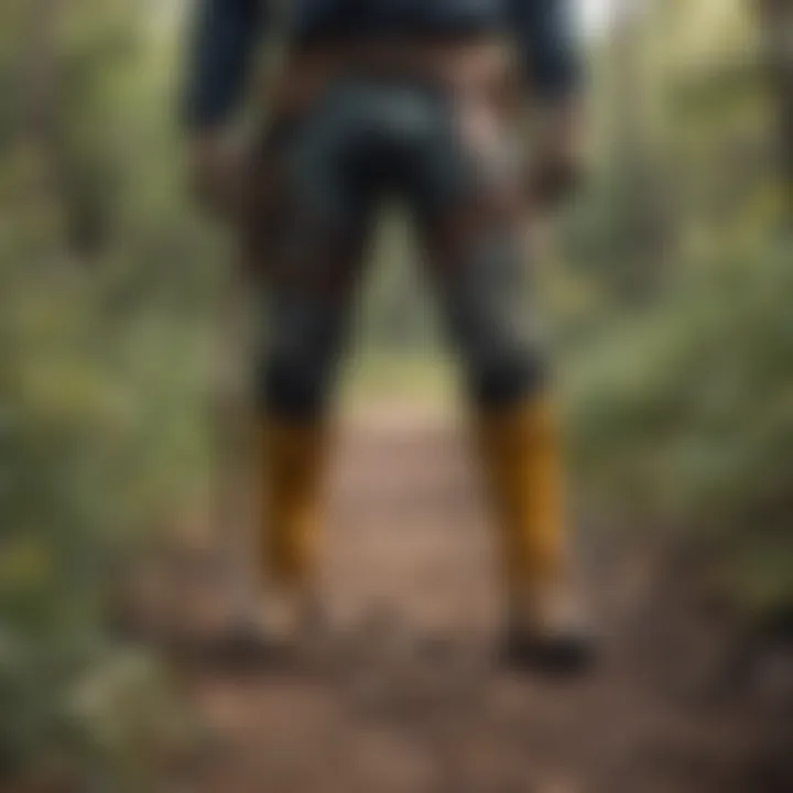 A rugged outdoor scene with snake chaps worn during a hike in snake-prone territory.
