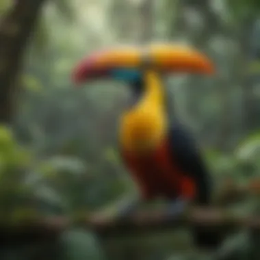 A vibrant toucan perched among lush rainforest foliage