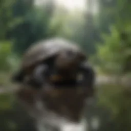A snapping turtle in its natural habitat, surrounded by aquatic vegetation