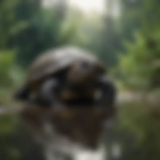 A snapping turtle in its natural habitat, surrounded by aquatic vegetation