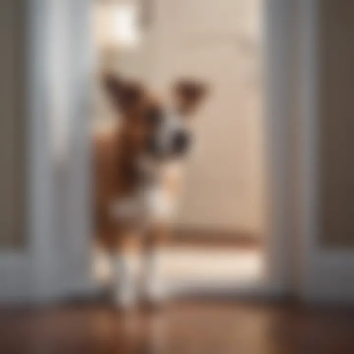 A dog freely entering through a spring loaded dog door