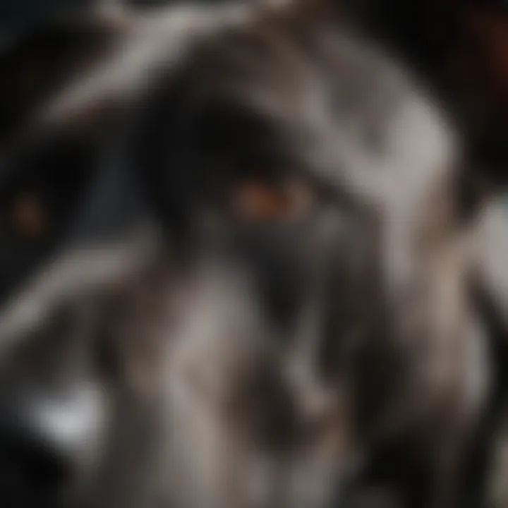 Close-up of a Great Dane's expressive eyes and distinct coat pattern.