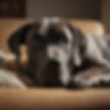 A serene scene of a Great Dane resting comfortably in its home environment.