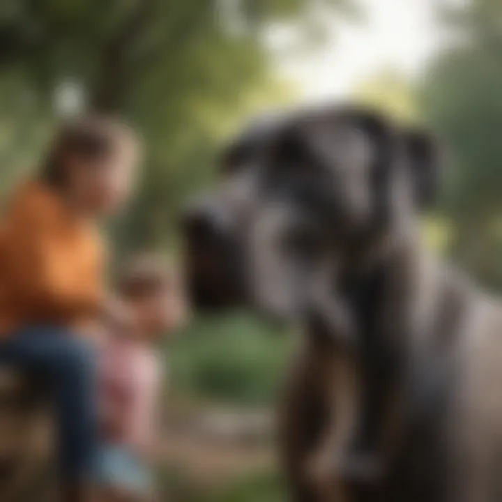 Great Dane interacting playfully with children, showcasing its gentle nature.