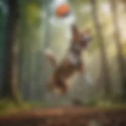 A dynamic shot of a dog catching a hyper frisbee in mid-air
