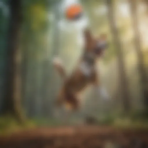 A dynamic shot of a dog catching a hyper frisbee in mid-air