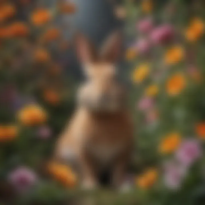 A rabbit sitting amidst blooming flowers illustrating its habitat