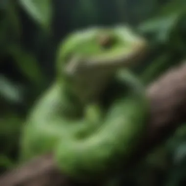 An exotic Green Tree Python coiled gracefully on a branch, highlighting its vivid green coloration.