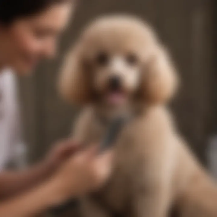 A pet owner happily grooming their Poodle with the right brush