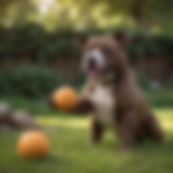 A joyful Pitbull Teddy Bear playing with a toy in a vibrant backyard