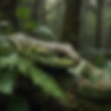 A pit viper camouflaged among the leaves of the Amazon rainforest