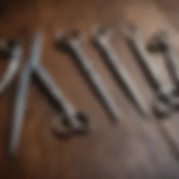 A variety of dog scissors displayed on a wooden surface, showcasing their different sizes and designs.
