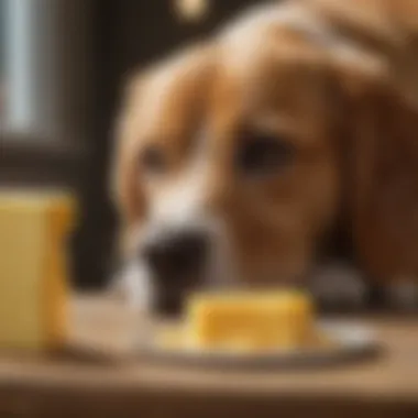 A dog eagerly looking at a piece of butter on a table